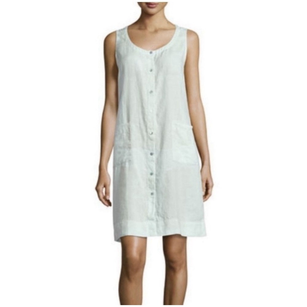 Eileen Fisher Aurora Mint Green Organic Linen‎ Button Front Short Dress Sz M